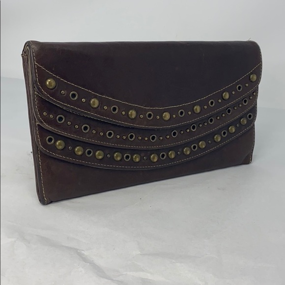 Nordstrom Brown XL Leather Brass Studs Wallet - Picture 1 of 14